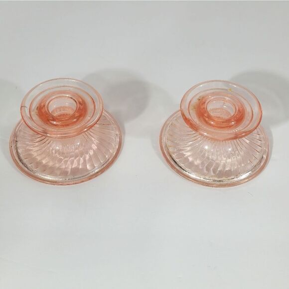 Vintage Set Of 2 pink depression glass candle holders - Picture 3 of 7
